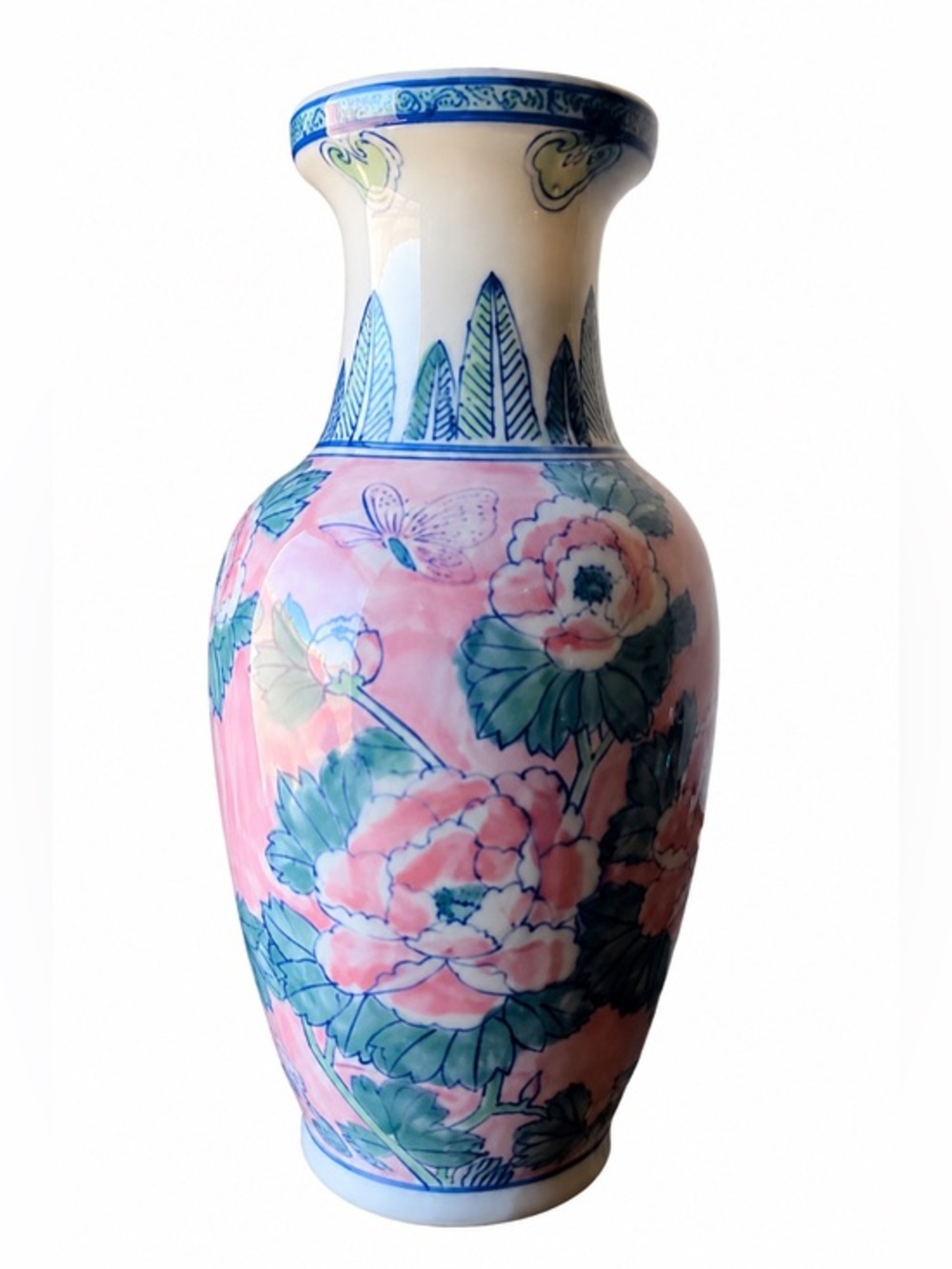 Vintage Chinoiserie Pink Peony Porcelain Vase | Blue & White Floral Butterfly  💕